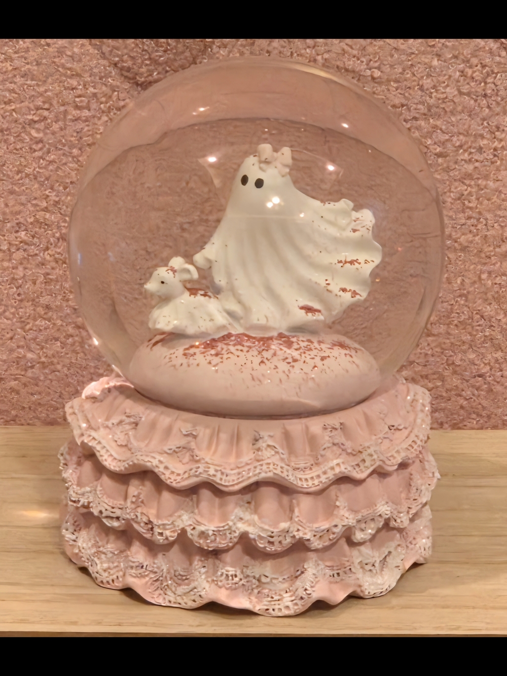 Coquette Pink Ruffled Ghost Walking Dog Snow Globe
